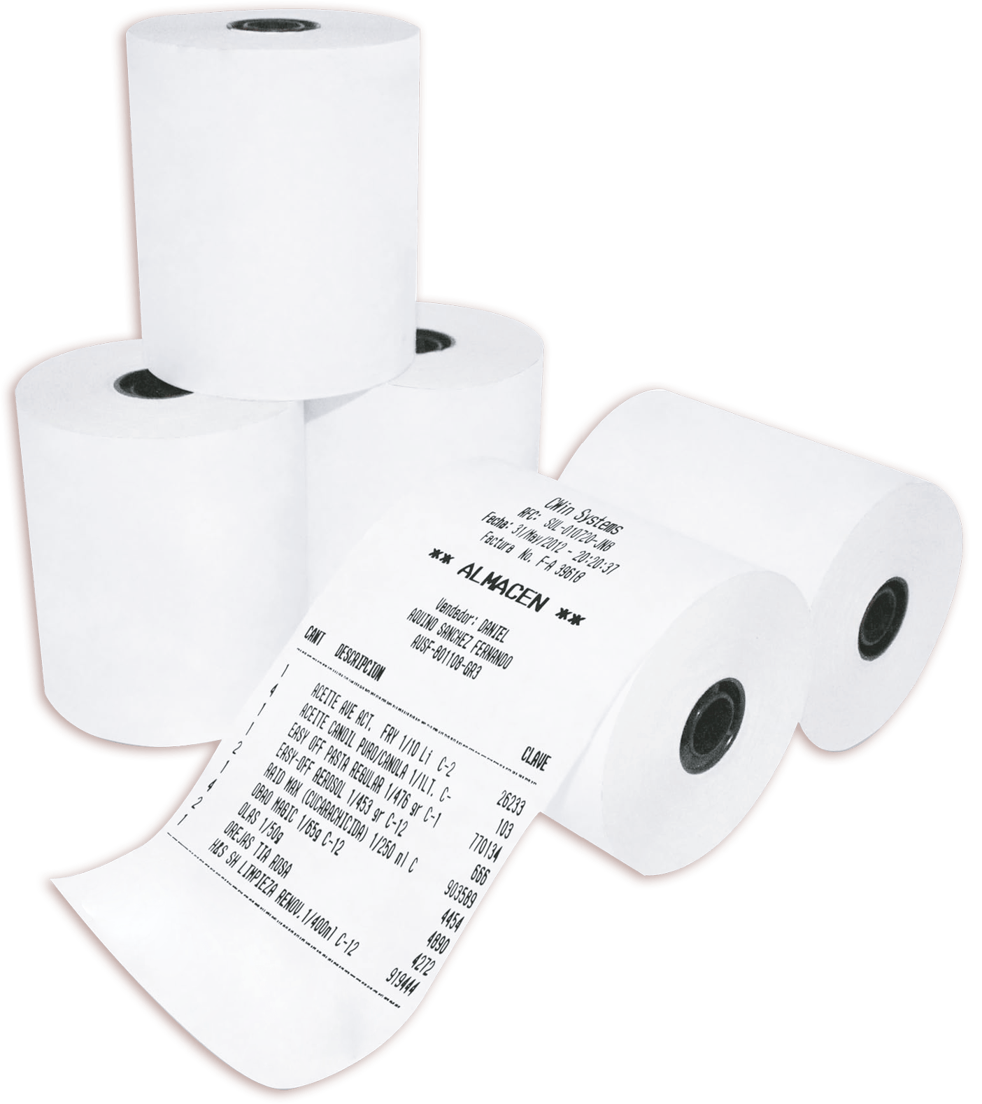 Rollos de papel térmico, bond y etiquetas con un recibo impreso